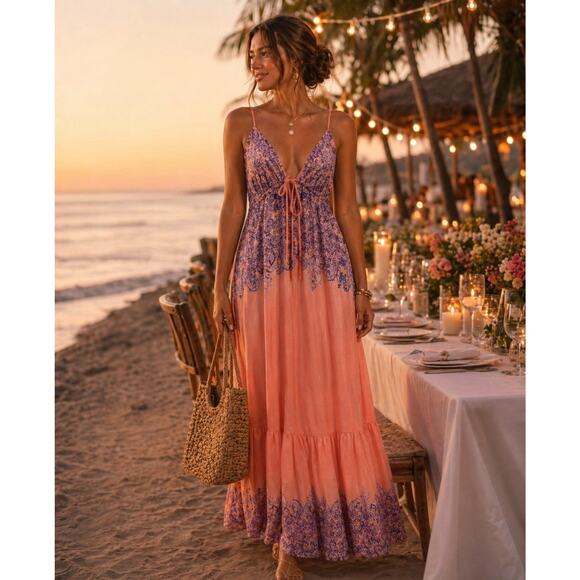 VENUS Dresses & Skirts - Babydoll flowy Paisley Maxi Dress 12 Boho Resort Tie Front Crossback Coral Blue